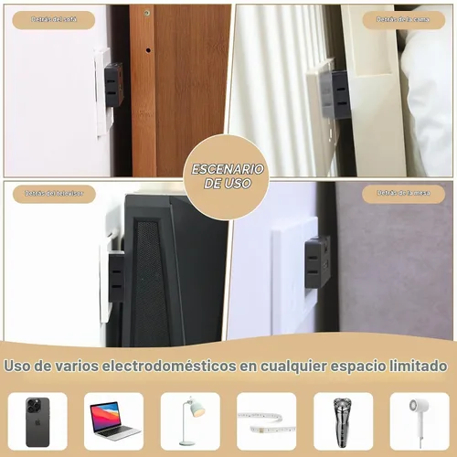 Vista 4 de Adaptador extensor de salida de pared de 3 vías plano - Paquete de 2 Adaptador de enchufe plano giratorio de 180 grados AC, extensor de salida