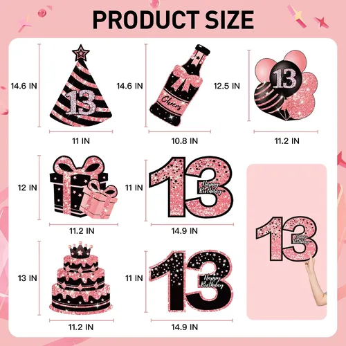 Vista 7 de Decoraciones de cumpleaños número 13 para niñas - 7 piezas de letreros de cumpleaños rosas para el patio con estacas, 2 piezas de luces LED Rosa 13