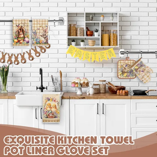Vista 5 de VitalCozy Juego de 8 toallas de cocina de Pascua, guantes de horno y soporte para ollas, toallas de cocina florales de Pascua, toalla de cocina