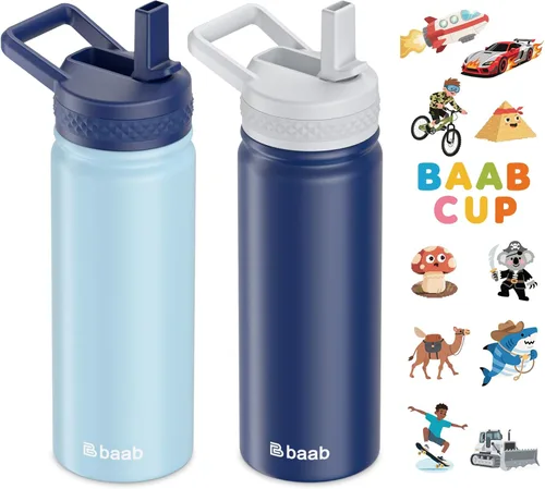 Vista 14 de baab Botella de agua para niños de 18 onzas, botella de agua aislada con popote y calcomanías, taza con popote de agua para niños de acero