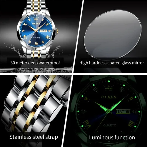 Vista 54 de OLEVS Juego de 2 relojes de cuarzo para parejas de San Valentín, calendario luminoso, ventana de fecha, 3 ATM, impermeable, casual, acero