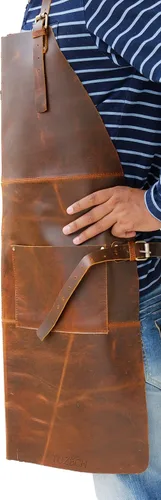 Vista 2 de Delantal de cuero duradero con bolsillo para chef, carnicero, metalúrgico, carpintero, herrero, resistente, marrón (doble bolsillo), 30 pulgadas