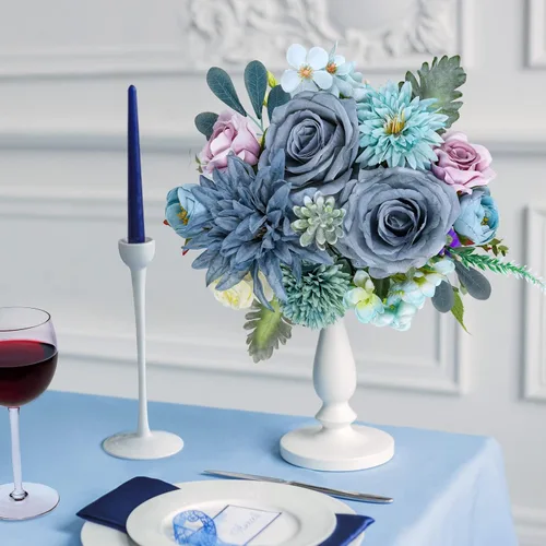 Vista 3 de AmyHomie - Juego de flores artificiales azules, mezcla de seda, peonía, rosa, hortensia, flores falsas con tallo para bricolaje, ramos de boda