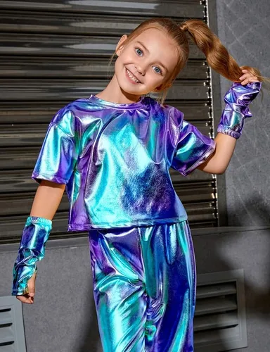 Vista 2 de Perfashion Camisas metálicas para niñas con mangas de brazo, top corto brillante para baile, raves, festivales, disfraces de 4 a 15 años