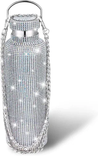 Vista 32 de Geiserailie Botella de agua con diamantes de imitación de acero inoxidable, térmica, recargable, aislada, con cadena, para mujeres y niñas