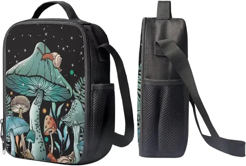 Vista 4 de Parprinty Juego de mochila de hongos para niños y niñas, mochila grande ligera con lonchera y estuche para lápices, Seta caracol retro a, Mochilas