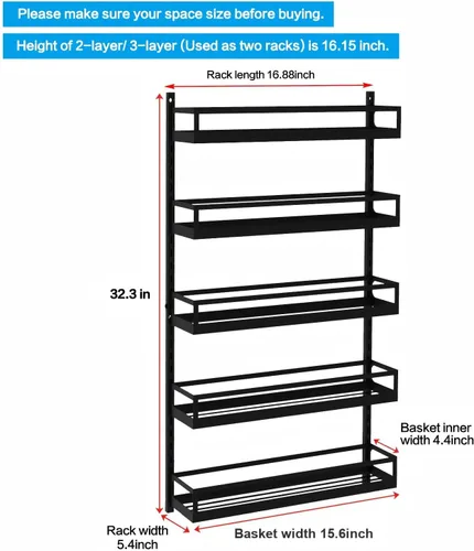 Vista 8 de X-cosrack Organizador de especias de montaje en pared, 5 niveles de altura ajustable, estante de especias colgante para armario de despensa
