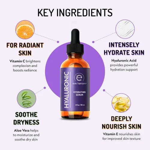 Vista 3 de Eve Hansen Suero hidratante de ácido hialurónico para la cara con vitamina C, vitamina E, té verde 72% hidratante facial reafirmante orgánico