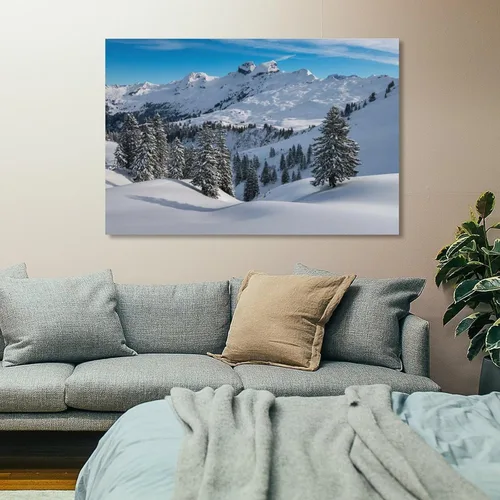 Vista 7 de Árbol, montaña, invierno, bosque, nieve, entorno natural, paisaje, pintura, decoración nórdica, sala de estar, decoración del hogar, 24 x 36