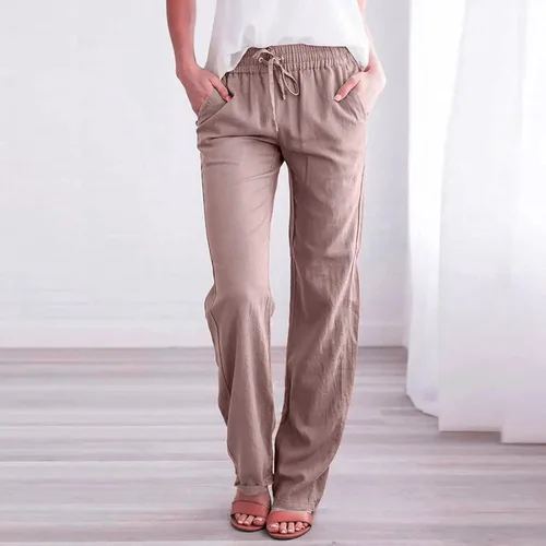 Vista 7 de PANOEGSN Pantalones de lino para mujer, de cintura alta, de algodón, rectos, con cordón, casuales, holgados, con bolsillos