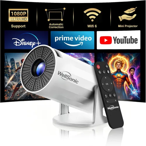 Vista 9 de Mini proyector con WiFi y Bluetooth, proyector portátil de 260 Ansi Proyector de película nativo 1080P, Keystone automático, altavoz de 5 W, soporte