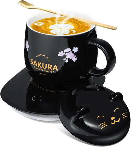 Vista 8 de Honeydak Juego de tazas de café, calentador de tazas de gato lindo para mujeres, calentadores de café con calefacción para mamá, oficina en casa