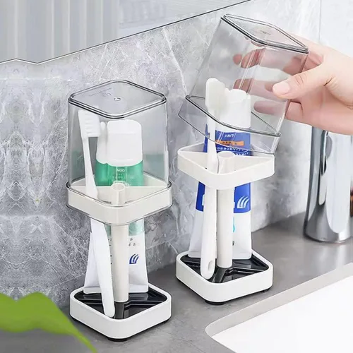 Vista 2 de El soporte para cepillos de dientes con taza/cubierta contiene 3 ranuras, compatible con cepillos de dientes convencionales, puede almacenar pasta