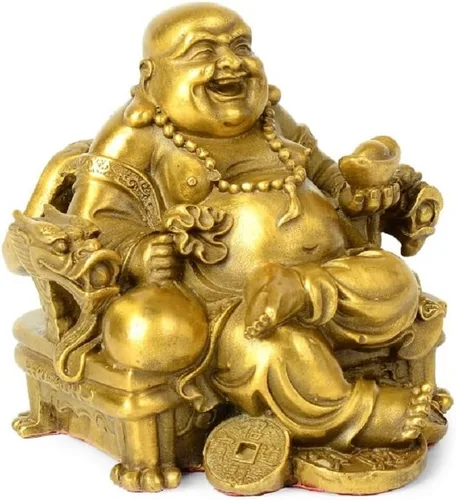 Vista 2 de Estatua de Buda Fengshui para la suerte y la felicidad, Dios de la riqueza, Buda riendo en la silla del dragón del emperador, estatuas budistas