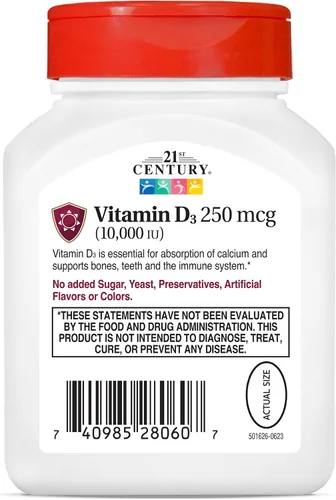 Vista 6 de 21st Century Vitamina D3 250 mcg (10,000 UI) Cápsulas blandas de liberación rápida, 110
