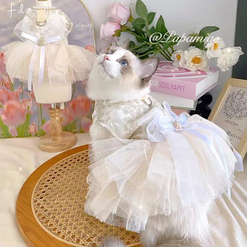 Vista 38 de ANIAC Daisy Vestidos para Perros Pequeños Hembra con Anillo para Correa, Nudo de Lazo Vestido de Boda para Cachorra, Traje de Gato de San Valentín