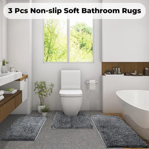 Vista 5 de Faylapa Juego de 3 alfombras de baño antideslizantes, ultra suaves, juego de tapetes de baño de felpilla absorbente con alfombra de toliet