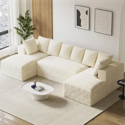 Vista 8 de Sofás seccionales en forma de U de gran tamaño de 131 pulgadas para sala de estar, cómodo sofá modular de pana esponjosa beige sin hueso, sofá