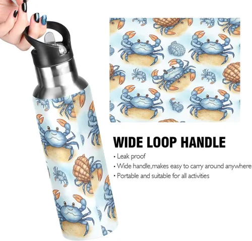Vista 4 de Stainless Steel Vacuum Insulated Water Bottle 20 Oz, Leakproof Water Bottles for Gym Outdoor Travel School, Cute Blue Crabs Cartoon