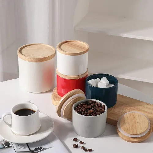 Vista 4 de Sweejar Kitchen Canisters - Tarro de cerámica para almacenar alimentos, recipientes apilables con tapa de madera y sello hermético para servir café