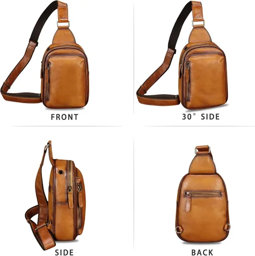 Vista 5 de LRTO Bolso bandolera pequeño de cuero genuino para mujeres y hombres, bolsa cruzada para el pecho, mochila para senderismo, deportes, viajes