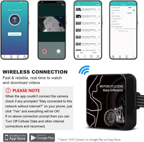 Vista 3 de VSYSTO D6WL - Cámara de salpicadero de motocicleta delantera y trasera, doble 1080P, cámaras impermeables con control de aplicación WiFi, grabación