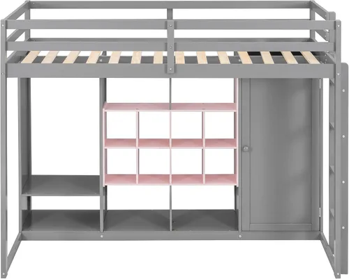 Vista 5 de Merax Cama tipo loft de madera con armario, estantes y gabinete, tamaño individual, gris+rosa