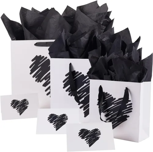 Vista 8 de ysmile Pequeña bolsa de regalo negra con papel de seda para hombres, fiesta de cumpleaños, aniversario, día del padre, 7.8 pulgadas, corazón dorado