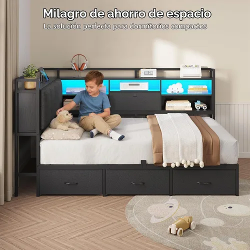Vista 7 de Marco de cama de esquina doble con 4 cajones, estantería y cabecero de Negro