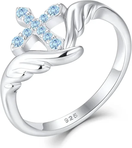 Vista 2 de STARCHENIE Anillo de cruz de plata de ley 925 con alas de ángel para mujer, talla 5-10