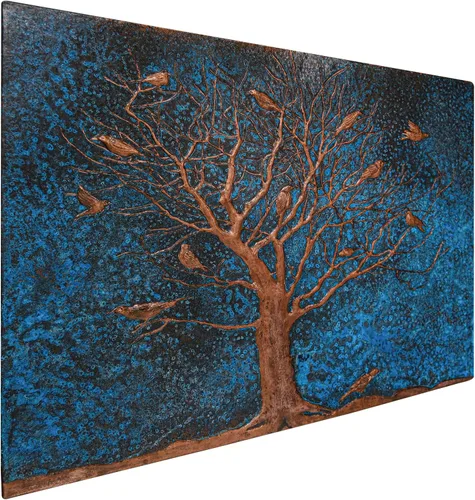 Vista 2 de Kitchen Backsplash, Birds on a Dead Tree Copper Backsplash, Custom Copper Backsplash Panel, Handmade Copper Backsplash Tile, Indoor Outdoor Wall Blue