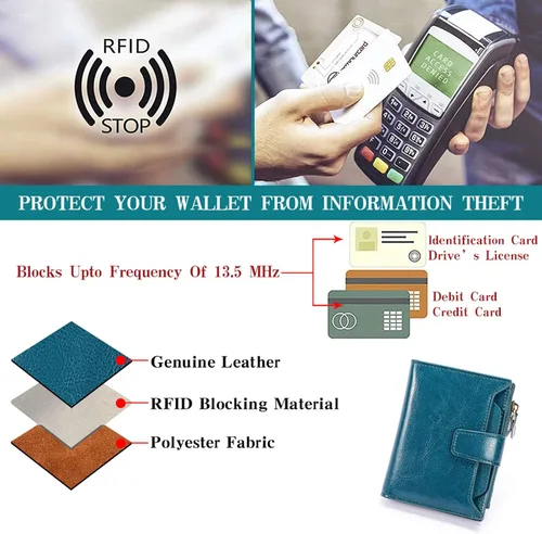 Vista 6 de FALAN MULE - Cartera de cuero auténtico para mujer, pequeña plegable , compacta, con interferencia de radiofrecuencia (RFID)