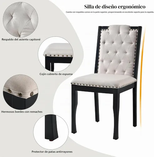 Vista 9 de Merax Juego de mesa de comedor de 6 piezas con banco, mesa rectangular de madera de 60 pulgadas con 4 sillas copetudas de respaldo alto y 1 banco