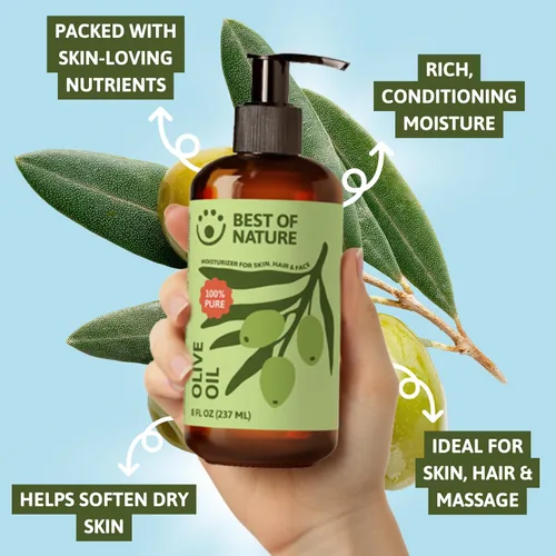 Vista 8 de Best of Nature Aceite corporal y masaje de oliva 100% puro, prensado en frío, natural y sin perfume para piel, cabello y baño, 8 onzas líquidas