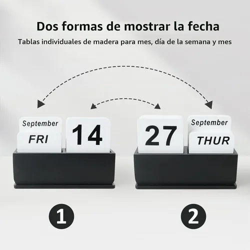 Vista 3 de Calendario Perpetuo de Bloques de Madera para Escritorio, Calendario Diario de Escritorio de Pie y Voltear con Gran Pantalla, Accesorios