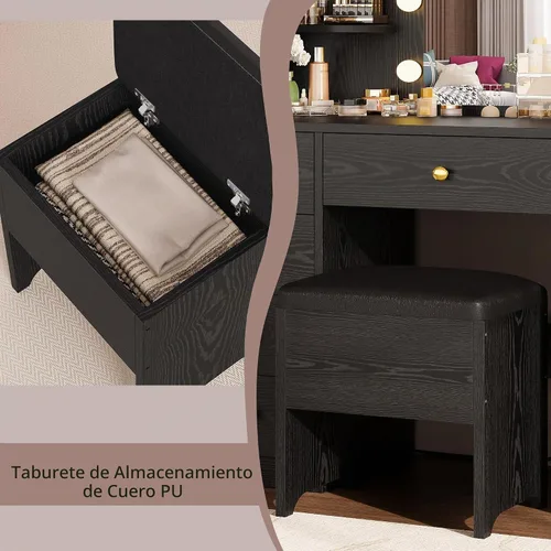Vista 8 de IRONCK - Escritorio de tocador con espejo y luces, pequeña mesa de tocador de maquillaje con 5 cajones, toma de corriente y taburete de tocador, 3