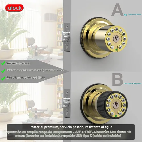Vista 2 de iulock Pomo de puerta inteligente con teclado y llave, cerradura de puerta de entrada sin llave con agarre de goma, bloqueo automático, código