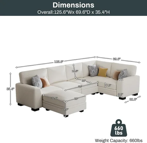 Vista 3 de Legend Vansen Sofá modular de gran tamaño, sofá reversible en forma de U con otomana, sofá de pana de asiento profundo para sala de estar, 6 plazas