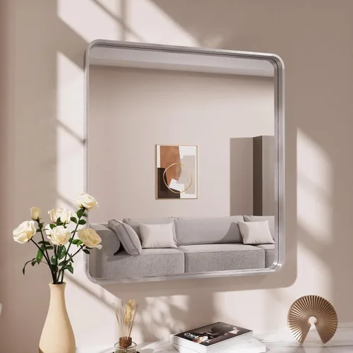 Vista 30 de JISOSO - Espejo de baño negro de 20x30 pulgadas con marco de metal negro, espejo de tocador rectangular redondeado con acabado mate para pared