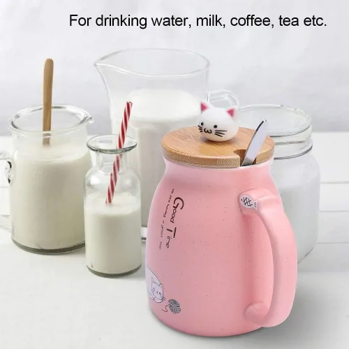 Vista 4 de TOPINCN Taza de cerámica con diseño de gato lindo con cuchara y tapa de madera, taza de té y agua para leche para oficina en casa (12.8 fl oz)
