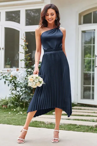 Vista 5 de GRACE KARIN Vestido de satén de verano 2023 con un hombro descubierto para mujer, sin mangas, plisado, vestido midi sexy de cóctel