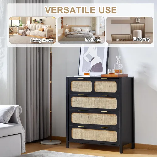 Vista 8 de LEVNARY Cómoda de 4 cajones para dormitorio, cajones de ratán con asas de metal, cómoda de madera para dormitorio, entrada, sala de estar, pasillo