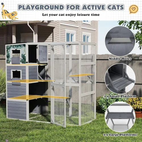 Vista 8 de COZIWOW Catio grande de madera para gatos, recinto al aire libre con techo resistente a la intemperie, 2 salas de descanso, 2 plataformas, corralito