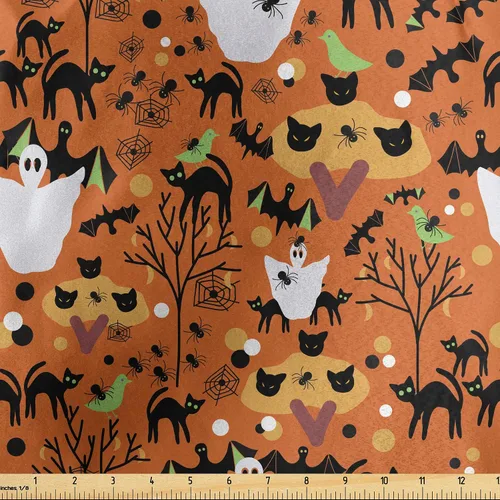 Vista 145 de Ambesonne The Yard, tela de calavera colorida con temática de Halloween, diseño de calavera y huesos cruzados, divertido estampado de dibujos