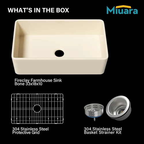 Vista 7 de Miuara Farmhouse - Fregadero de cocina frontal con delantal de arcilla refractaria de hueso de 33 x 18 pulgadas For kitchen, Heavy duty fireclay
