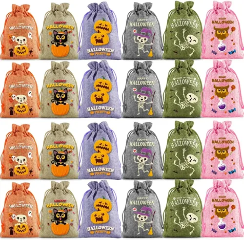 Vista 2 de HIPIHOM 24 bolsas de regalo con cordón de arpillera, bolsas de dulces para decoración de fiesta de Halloween