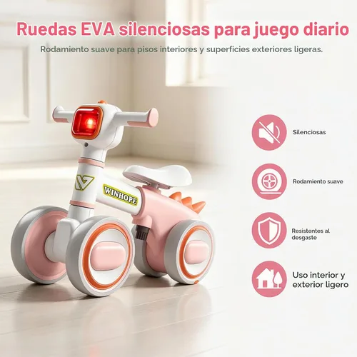 Vista 7 de WinHope Dinosaur Baby Balance Bike for 1 Year Old, Lights & Music Rosa