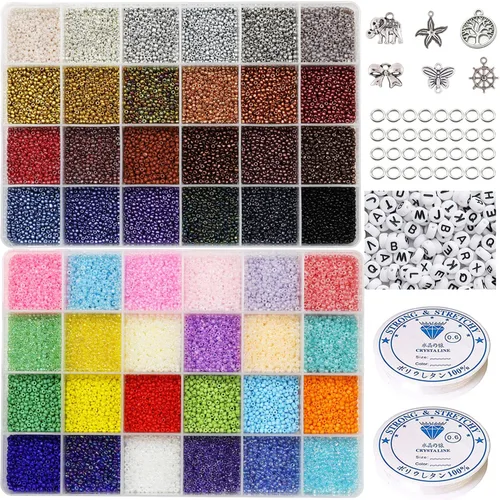 Vista 8 de Cuentas de semillas de vidrio 11/0 Aproximadamente 14800 piezas 24 colores 2 mm Cuentas sueltas de semillas Kit para hacer pulseras con caja de 24