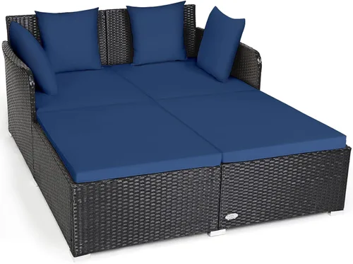 Vista 12 de COSTWAY Sofá Cama de Ratán para Patio Exterior, Sofá de Dos Plazas con Cojines de Esponja y 4 Almohadas, Muebles de Mimbre Cama Solar para Balcón