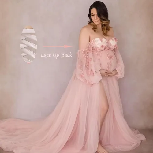 Vista 2 de FONGYUSHUN Vestido de maternidad de tul con apliques para sesión de fotos, manga larga hinchada, lencería nupcial, vestido de embarazo, vestido
